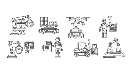 Modern logistics and warehousing icons featuring trucks drones forklifts and robots vector