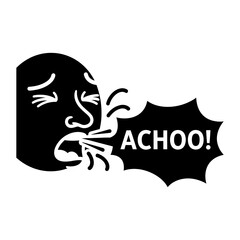 Minimalist Black and White Icon of Person Sneezing with ACHOO! Speech Bubble