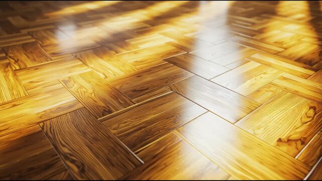 Moving sunlight stripes reflecting on a glossy brown herringbone parquet wood floor texture background.