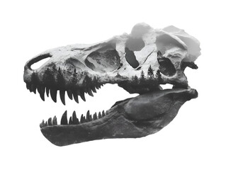 Naklejka premium A monochrome image displays a dinosaur skull filled with a forest landscape creating a fascinating combination of nature and paleontology.