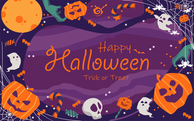 Background Vector Happy Halloween: Trick or Treat Night, Spooky Fun Halloween Frame, Pumpkins, Skulls, and Ghosts Border