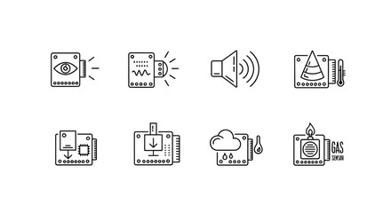 Set of line art icons representing various technology and media concepts vector