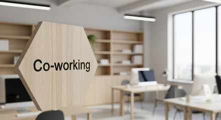 Bright and modern coworking space with wooden furniture and computers for collaborative work environment