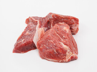 Raw Beef Chunks on White Background for Kitchen, Butchery, and Cooking Imagery