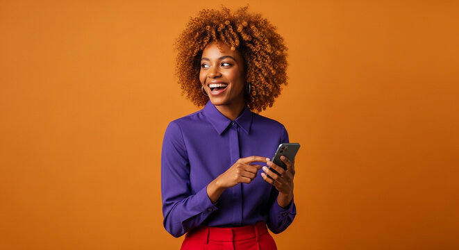 Happy young african american woman with curly hair using smartphone against orange studio background