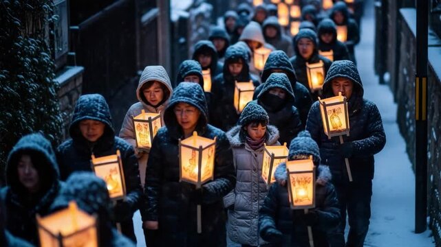 Candlelit procession of children in winter evening, lanterns warming the snowy streets