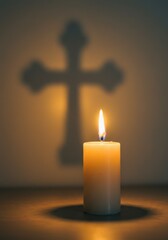 All saints&rsquo; day candle with cross shadow - spiritual and holiday reflection scene