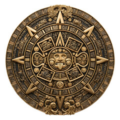 Naklejka premium Ancient Aztec Calendar: A detailed view of an ancient Aztec calendar, revealing intricate patterns and symbolic figures. The metallic texture of the sunstone, rich with history and mystery.