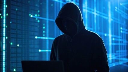 A hooded figure sits in front of a laptop, surrounded by glowing digital patterns, suggesting themes of cybersecurity and hacking.
