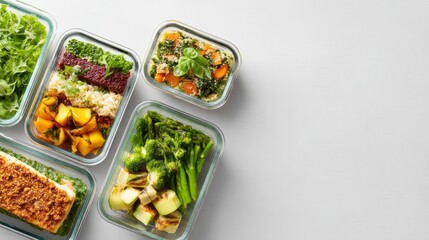 Colorful, healthy meals are neatly arranged in glass containers. Fresh vegetables, grains, and proteins combine for easy meal prep in a modern kitchen. Perfect for nutritious eating all week long