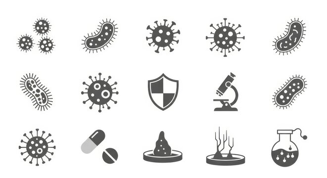 Microbiology Icons Set, Minimal Bacteria, Virus, and Germ Symbols in Flat Medical Vector Style on White Background