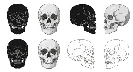 Human Skull Anatomy Illustration Set, Medical Bone Structure in Black, White, and Gray Vector Style for Educational and Scientific Design