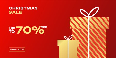 Merry Christmas and Happy New Year horizontal banner, cover, poster, greeting card in modern simple geometric style in gold and red colors for season greetings, ads, sales, print