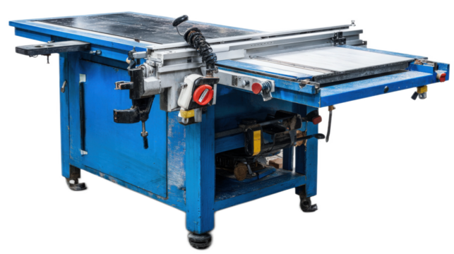Industrial table saw machine with adjustable blade suitable for carpentry and woodworking projects in workshop environment