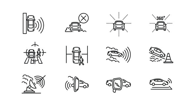 Collection of automotive driver assistance system icons representing safety features and sensor technology vector
