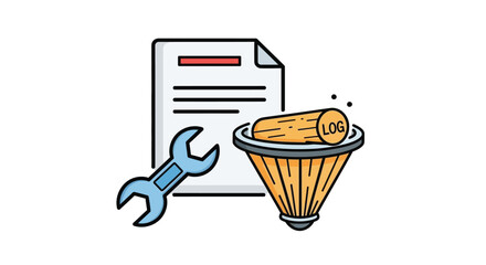 Technical support document wrench and filter icon represents troubleshooting and maintenance solutions vector