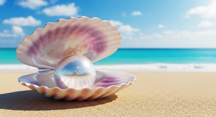 A pearl in a shell on a beach with a clear blue sky and turquoise water.