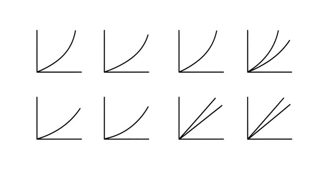 Collection of exponential and linear growth curve graphs illustrating data trends and projections vector
