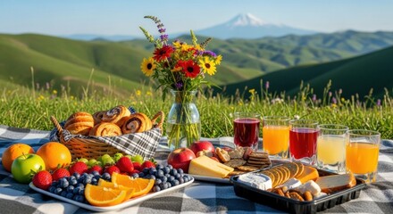 A picnic spread with a view of mountains and flowers.