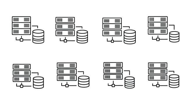Server rack and database icons set for network architecture and data storage solutions vector