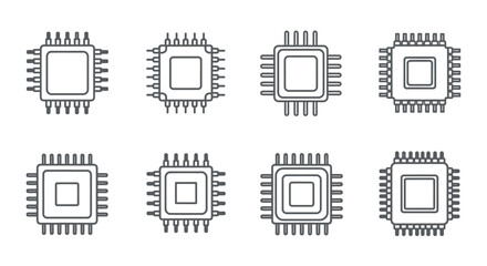 Set of eight square microchip computer processor icons with external pins in a grid pattern vector