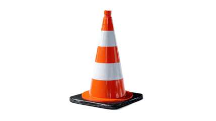 Bright Orange Traffic Cone with White Stripes on a Black Base for Construction and Safety Signaling Purposes in Urban Environment