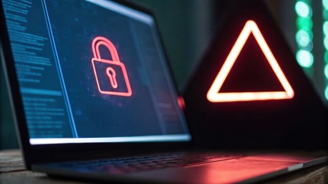 A laptop displays a red padlock icon on its screen, symbolizing cybersecurity, next to a glowing warning triangle.