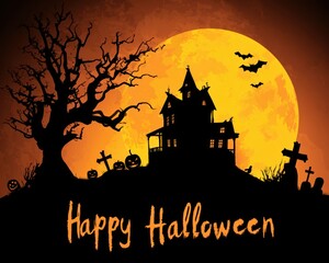 Haunted house halloween with full moon, bat, tree, grave, pumpkin, greeting card design