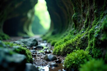 Fototapeta premium Emerald Grotto A hidden cave adorned with natural emerald formations and mossy textures, bathed in soft light. A close up view of a natural cave wall richly encrusted with rough, unpolished emerald