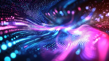 A vibrant, abstract digital art piece with a mix of blue, pink, and purple hues, featuring a dynamic, swirling pattern of dots and lines.