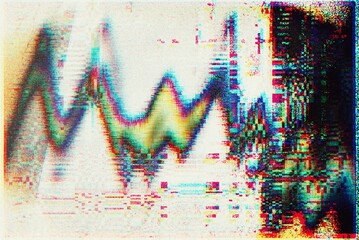 Grainy Television vhs glitch screen distorted pixels heavy noise grain signal problem flickering colors showing broadcasting test, HD TV VCR effect retro background