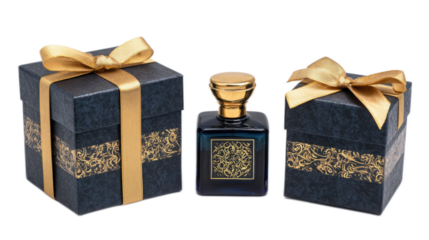 Elegant perfume bottle surrounded by two beautifully wrapped gift boxes with golden ribbons on a white background