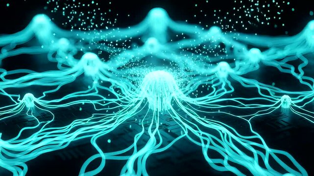 Ethereal glowing jellyfish-like entities floating in a dark oceanic background