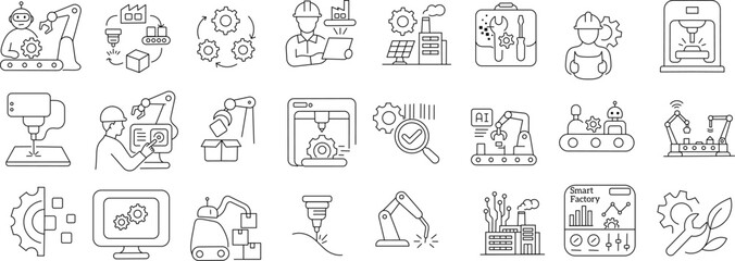 Industrial Automation Stroke Icon Collection. Containing Robotics, AI, Factory, Engineering, and Smart Manufacturing Outline Icons.