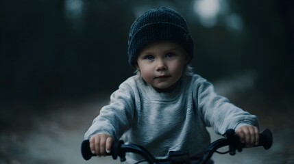 Obraz premium A young child wearing a beanie rides a bicycle through a moody outdoor natural setting