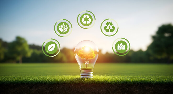 With a light bulb in the center and recycling icons around it, the photo conveys a clear message about clean energy, conservation, and the positive impact of eco-friendly choices on the planet.