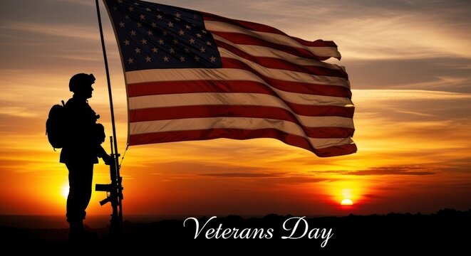 A silhouette of a soldier holding an American flag against a sunset backdrop.