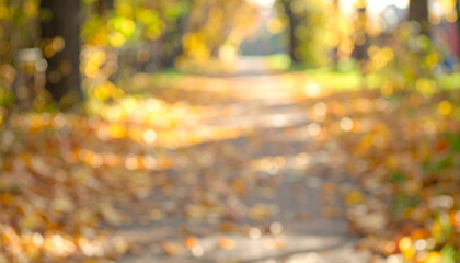 Blurred autumn park path covered with fallen golden and orange leaves. Soft bokeh effect