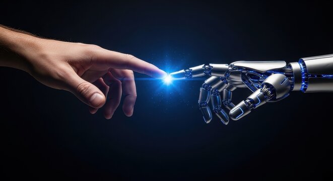 human and robotic hand connecting with blue light spark. powerful symbol of humanity's future with technology and artificial intelligence. science and innovation concept.