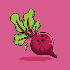 Cute Smiling Cartoon Beet with Green Leaves