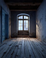 Haunted house interior with wooden floors and old window, 3D illustration