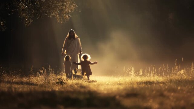 Boy and girl runs joyfully towards Jesus in a peaceful, sunlit setting filled with soft golden light