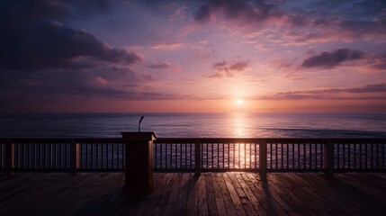 Fototapeta premium A podium on a wooden boardwalk facing the ocean during a vibrant sunset creating a cinematic scene