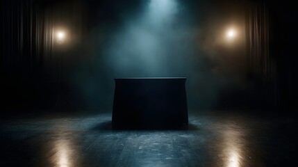 A dark stage with a central table under dramatic spotlights and fog set for an event