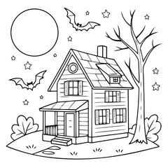 A spooky halloween night coloring page with haunted house bats moon and stars outline