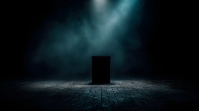 A dark podium stands on a wooden stage under dramatic spotlights and atmospheric smoke creating a theatrical and anticipatory mood