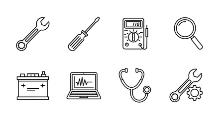 Collection of hand-drawn icons representing automotive repair and diagnostics tools vector