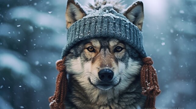 A cute portrait of a wolf in a knitted hat and scarf. A wolf in a hat in winter. Pet clothes. A collection of animal posters. A collection of knitted clothes.	