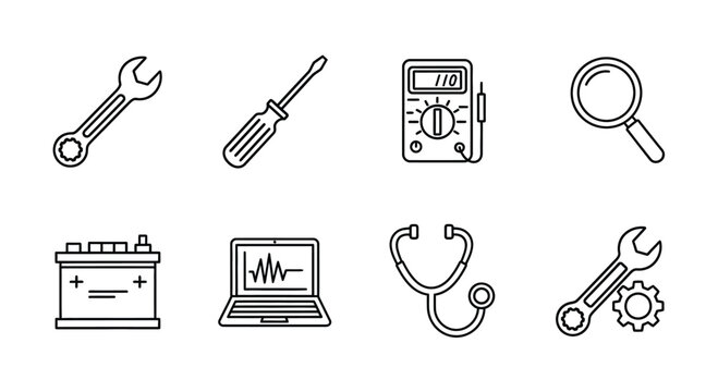 Collection of hand-drawn icons representing automotive repair and diagnostics tools vector