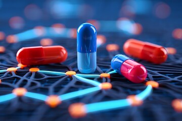 Advanced Pharmaceutical Research and Development Colorful Capsules on Futuristic Network Backdrop Innovation in Medicine
